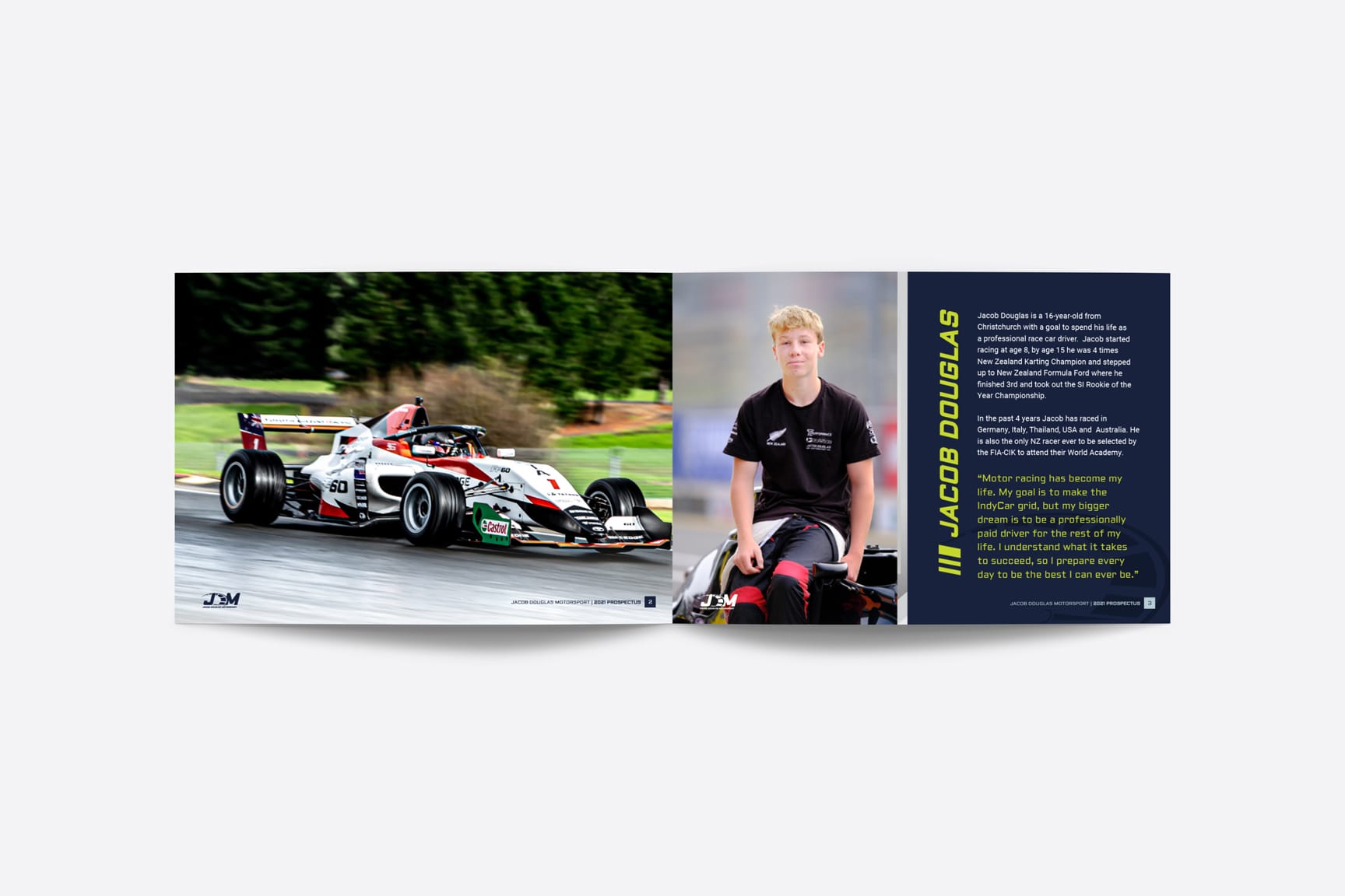 Jacob Douglas Motorsport prospectus design by MoMac Christchurch creative agency