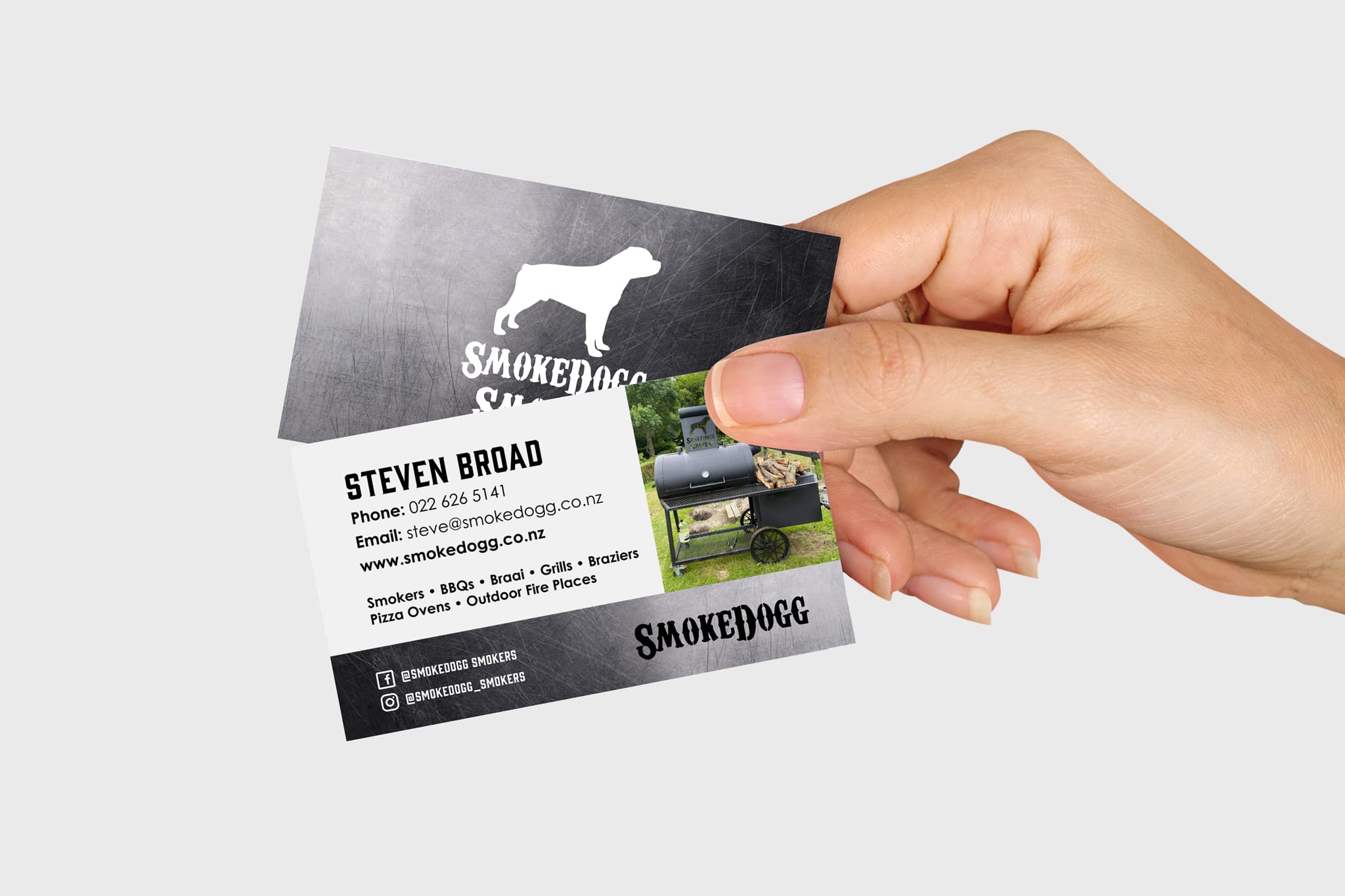 Smokedogg Smokers Business Cards designed by MoMac graphic designers in Rangiora