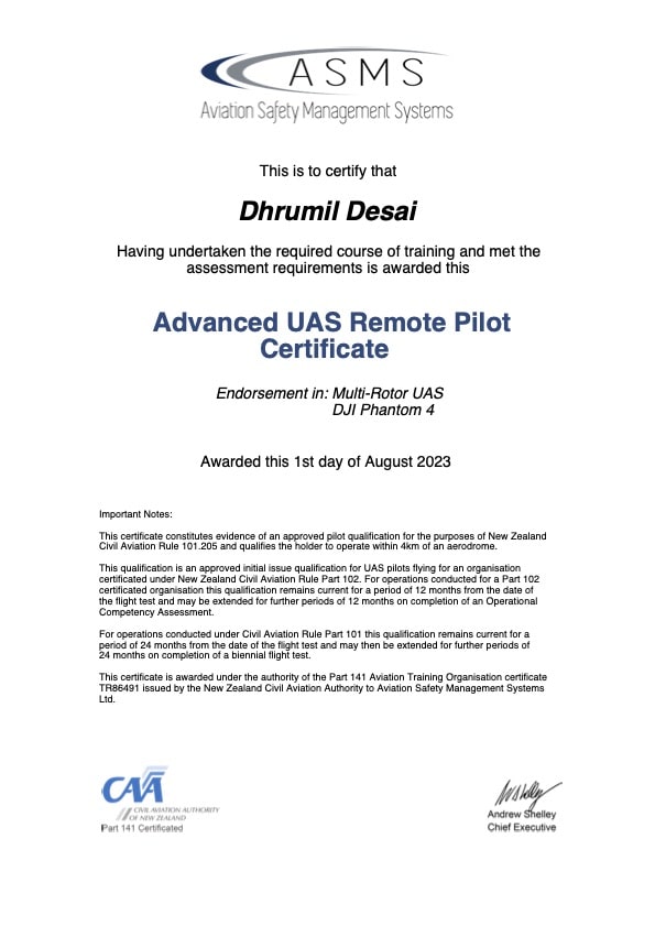 Dhrumil Desai MoMac - Advanced UAS Remote Pilot Certificate