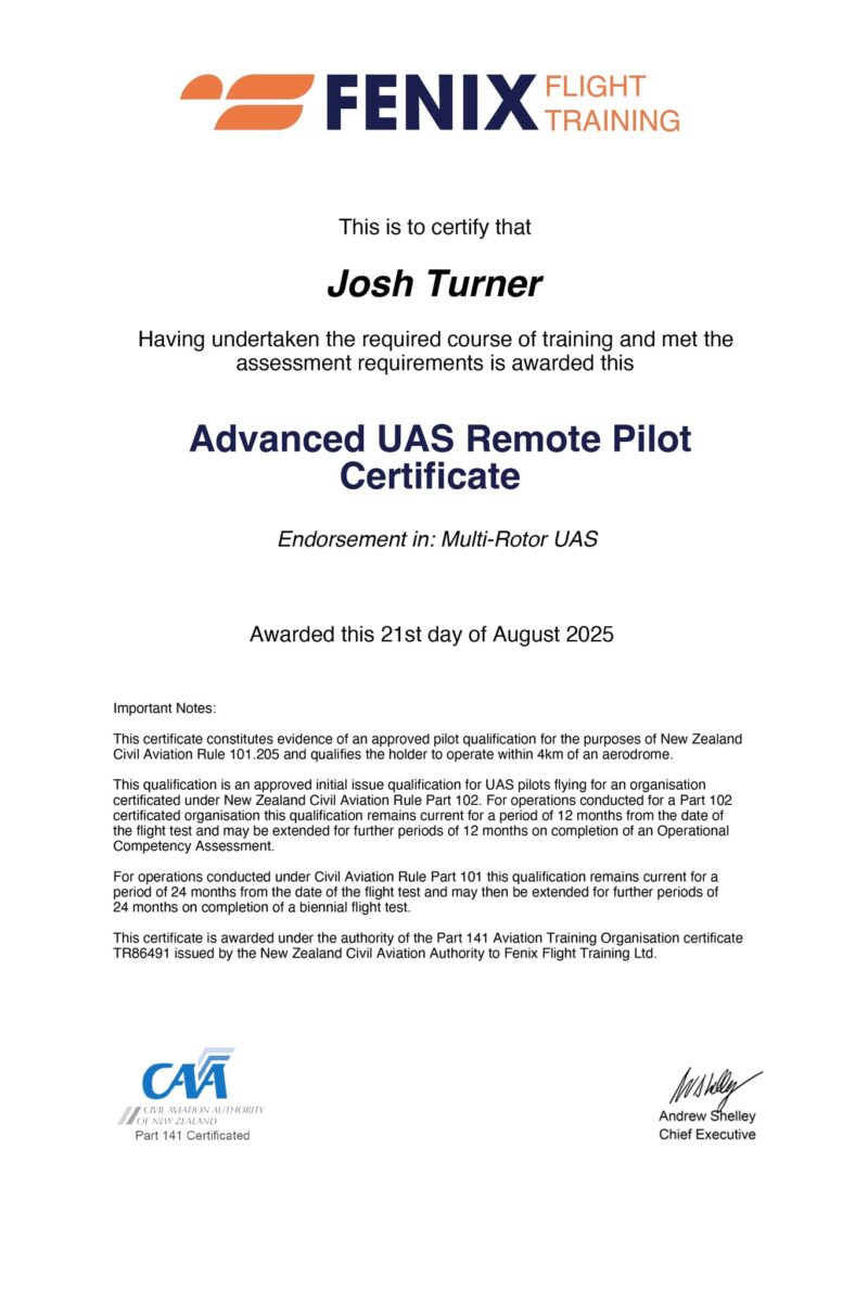 Josh Turner - Advanced UAS Remote Pilot Certificate - Multi-Rotor UAS (August, 2025)